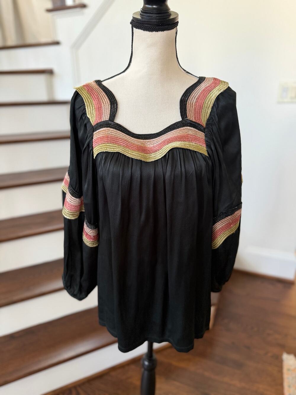 Corey Lynn Calter Black Satin Blouson Sleeve Blouse Pink Gold Metallic Trim